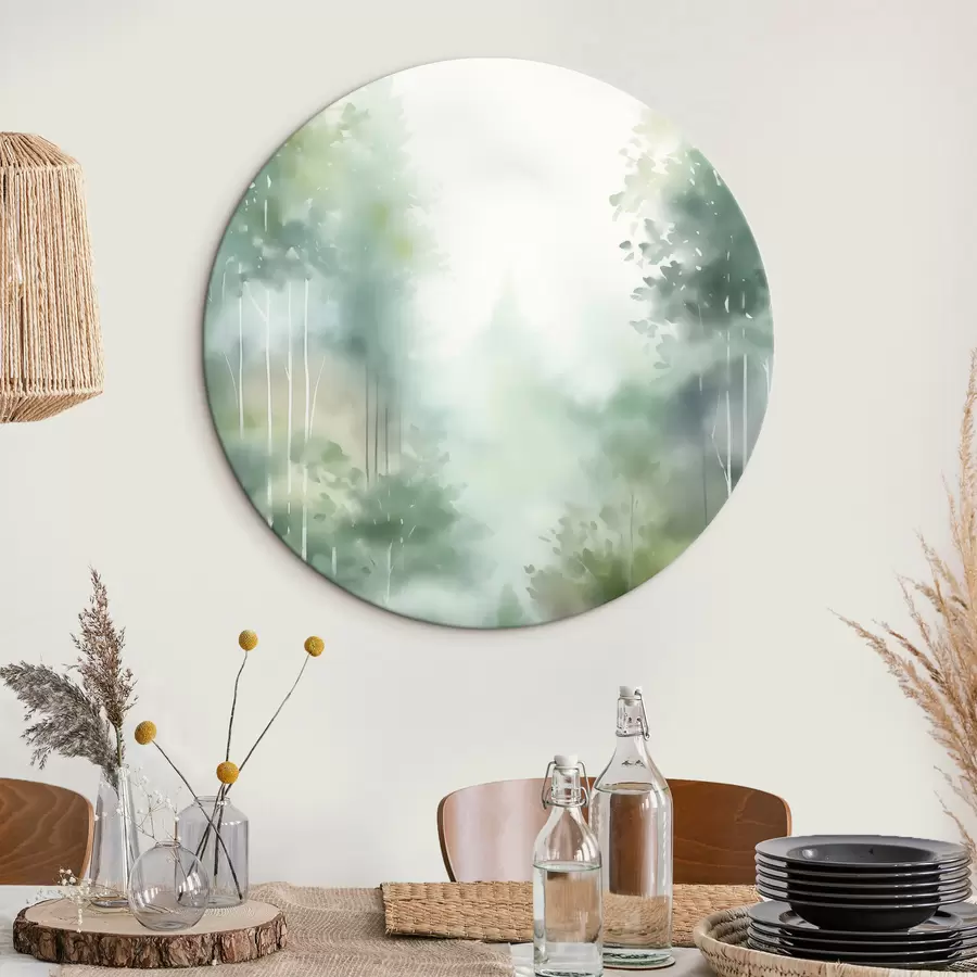 Tablouri Imitatie de pictura in acuarela reprezentand o padure abstracta cu copaci inalti si frunziș verde, culori delicate si discrete r46689