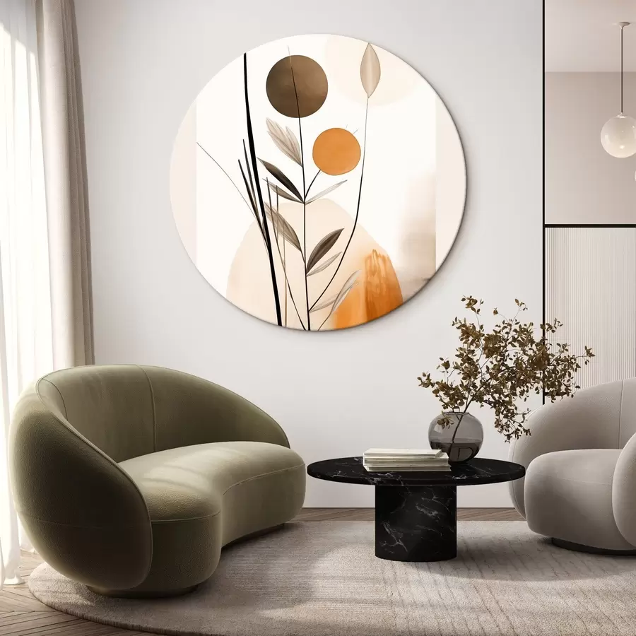 Tablouri Imitare de pictură abstractă cu cercuri portocalii și gri, frunze și ramuri, stil modern, efect de acuarelă r46698