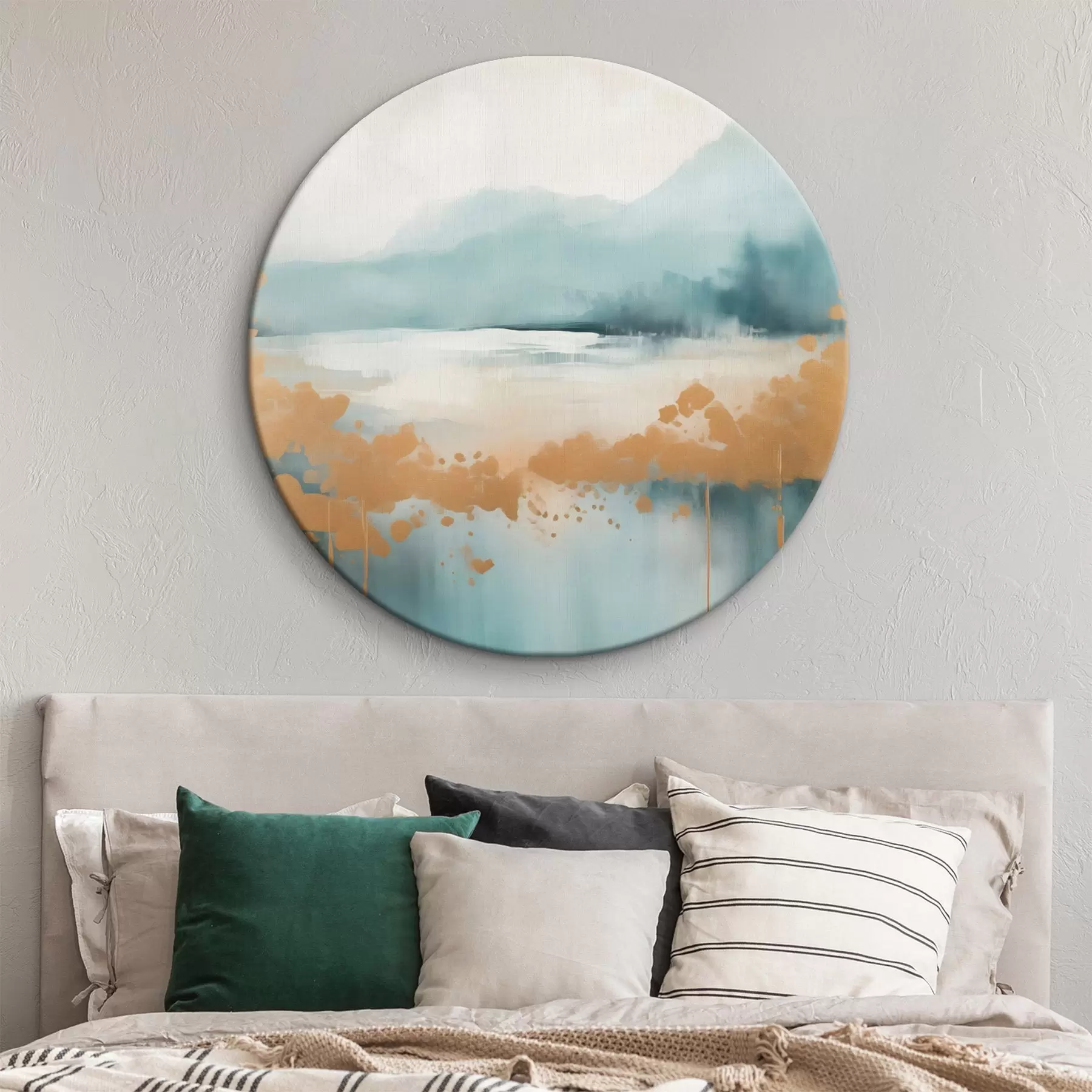 Tablouri Peisaj abstract cu munți și lac în nuanțe de verde-albastru și galben texturat, pensule moi, operă de artă minimalistă r46703