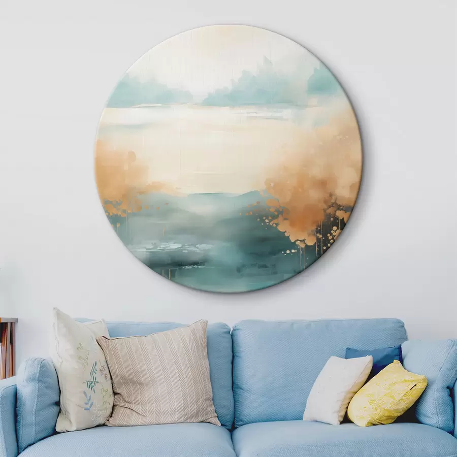 Tablouri Peisaj abstract cu munți și lac în nuanțe de verde-albastru și galben texturat, pensule moi, operă de artă minimalistă r46704