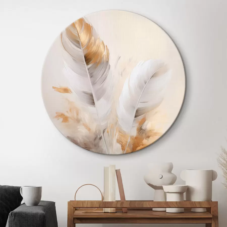 Tablouri Pene abstracte, înconjurate de pene bej și maro, moi și delicate, pe un fundal bej deschis. r46711