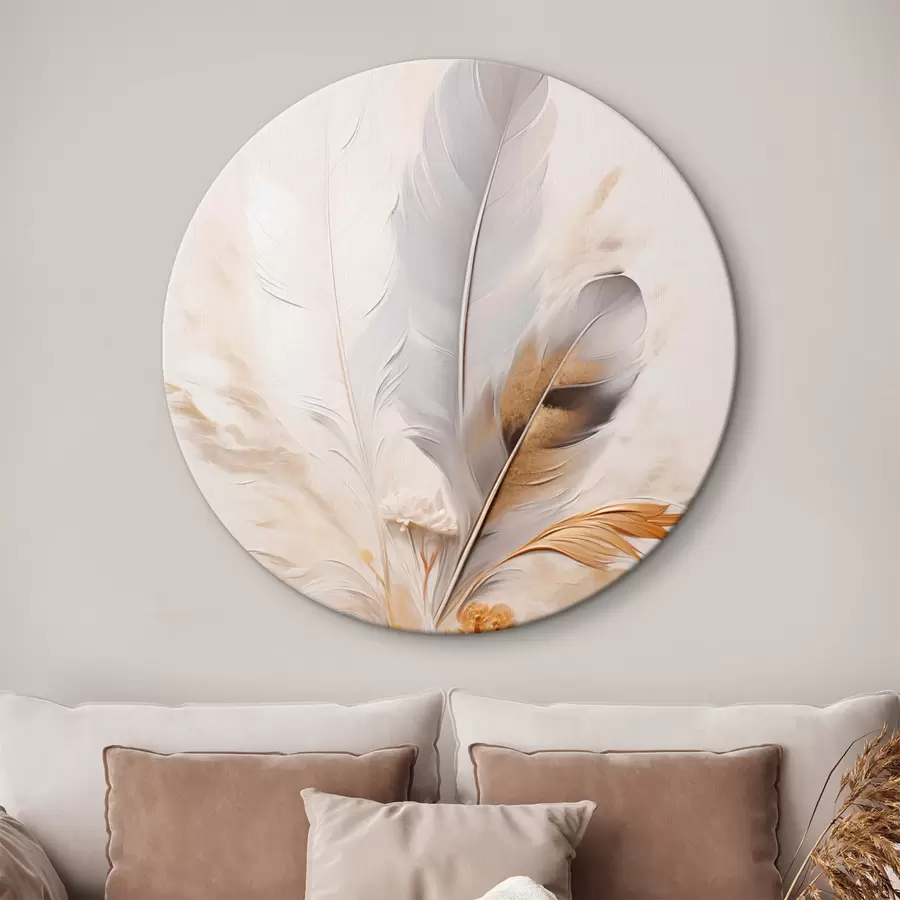 Tablouri Pene abstracte, înconjurate de pene bej și maro, moi și delicate, pe un fundal bej deschis. r46712