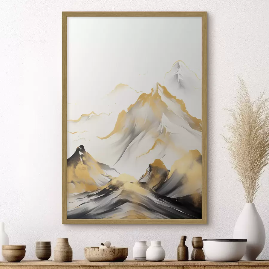 fototapet Munți texturați galbeni și negri cu vârfuri înzăpezite, stil de pictură cu tuș, lanț muntos minimalist f46683