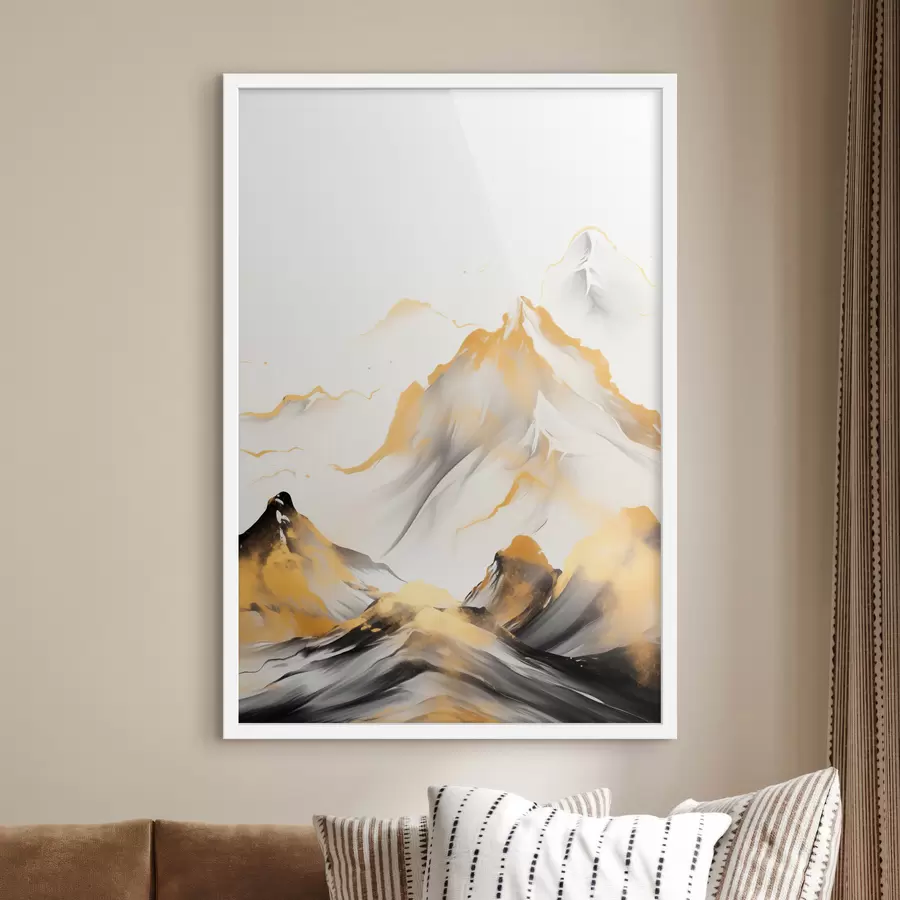 fototapet Munți texturați galbeni și negri cu vârfuri înzăpezite, stil de pictură cu tuș, lanț muntos minimalist f46683