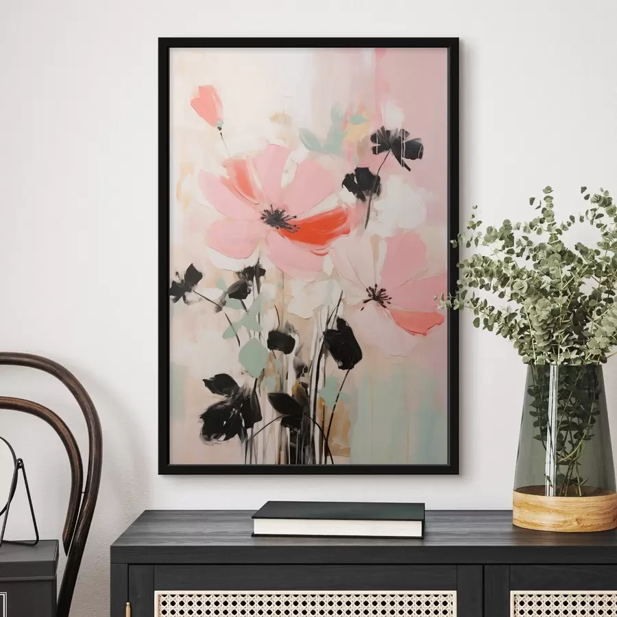 fototapet Flori roz și negre cu frunze, culori pastelate delicate, aranjament floral abstract, artă minimalistă f46687