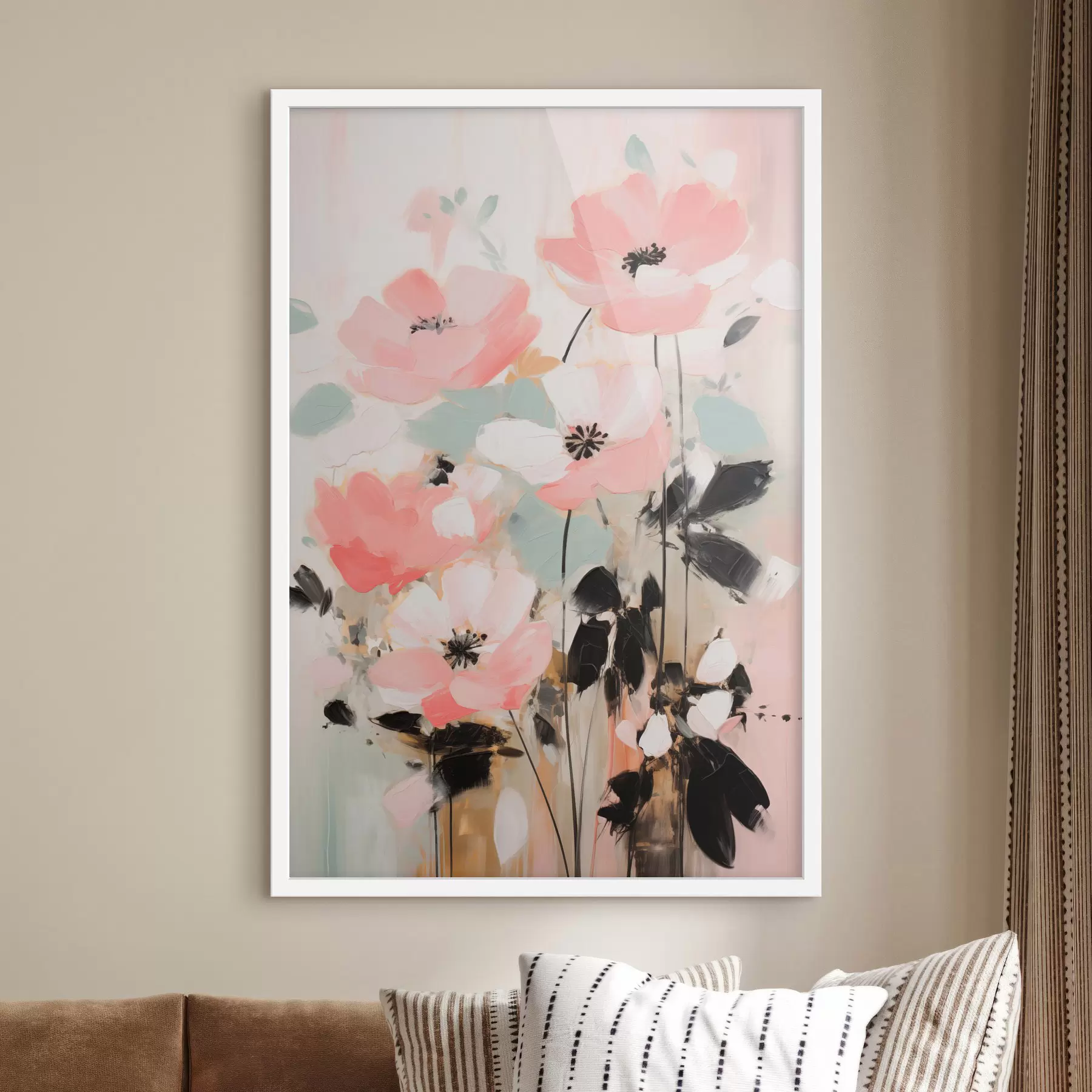 fototapet Flori roz și negre cu frunze, culori pastelate delicate, aranjament floral abstract, artă minimalistă f46688