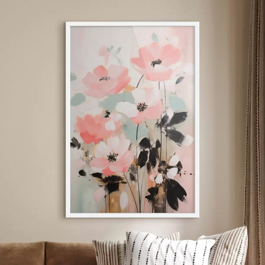 fototapet Flori roz și negre cu frunze, culori pastelate delicate, aranjament floral abstract, artă minimalistă f46688