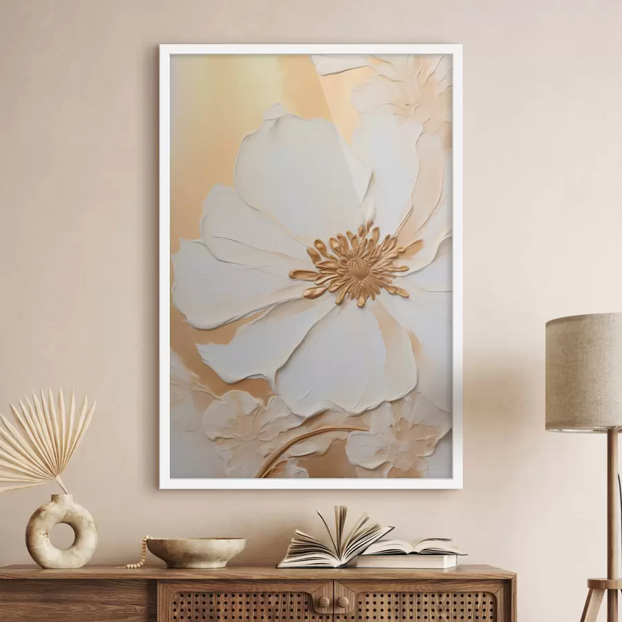 fototapet Floare albă cu petale delicate, imitație de pensule groase, pe un fundal texturat de culoare portocaliu deschis. f46691