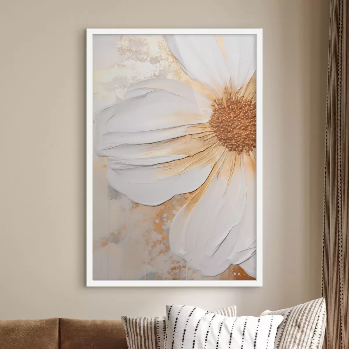Poster O floare albă cu petale delicate, fundal abstract texturat, elegant, artă decorativă f46692