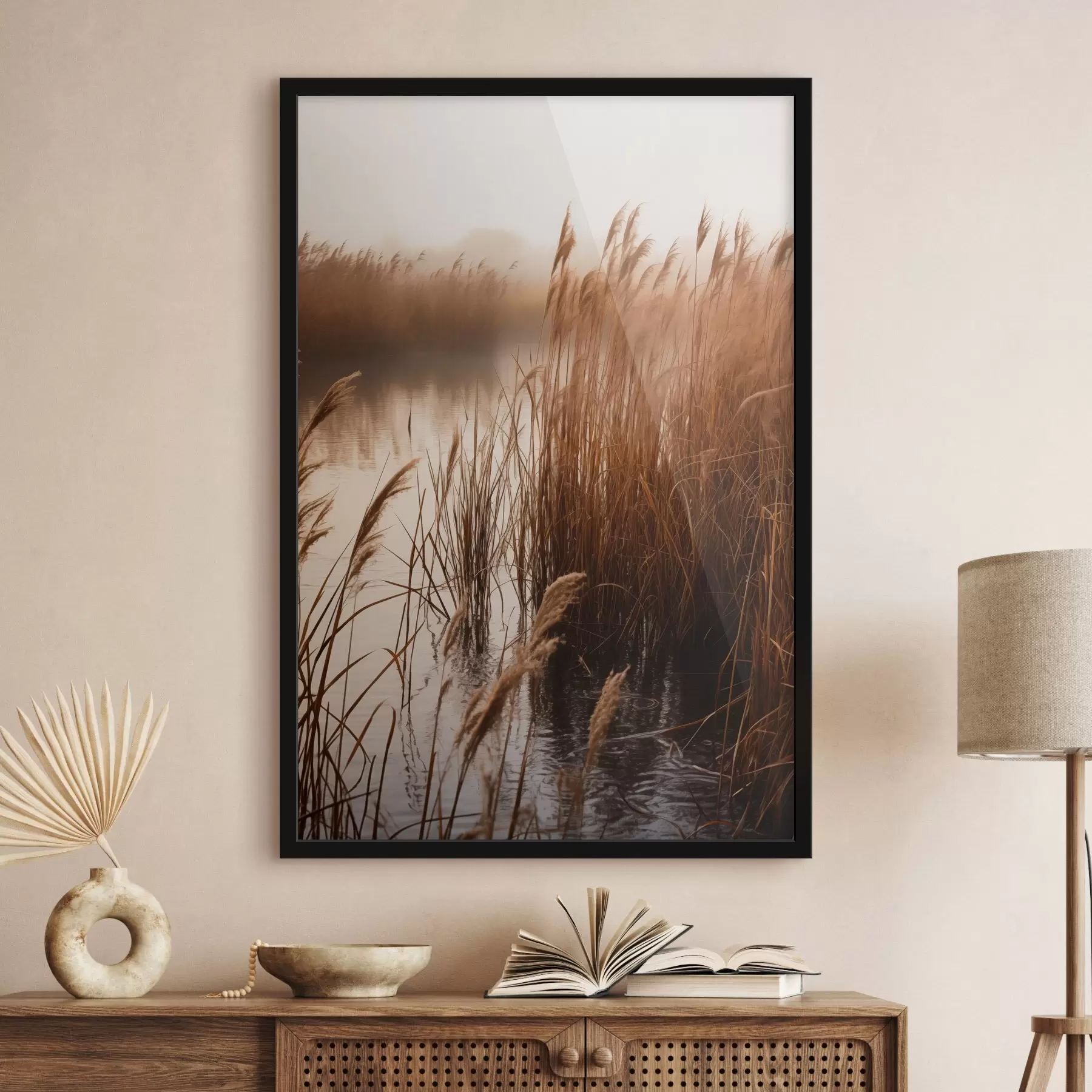 fototapet Stuf înalt crescând într-un corp de apă, apa reflectă stuful, fundal cețos, lumină difuză, peisaj natural f46695