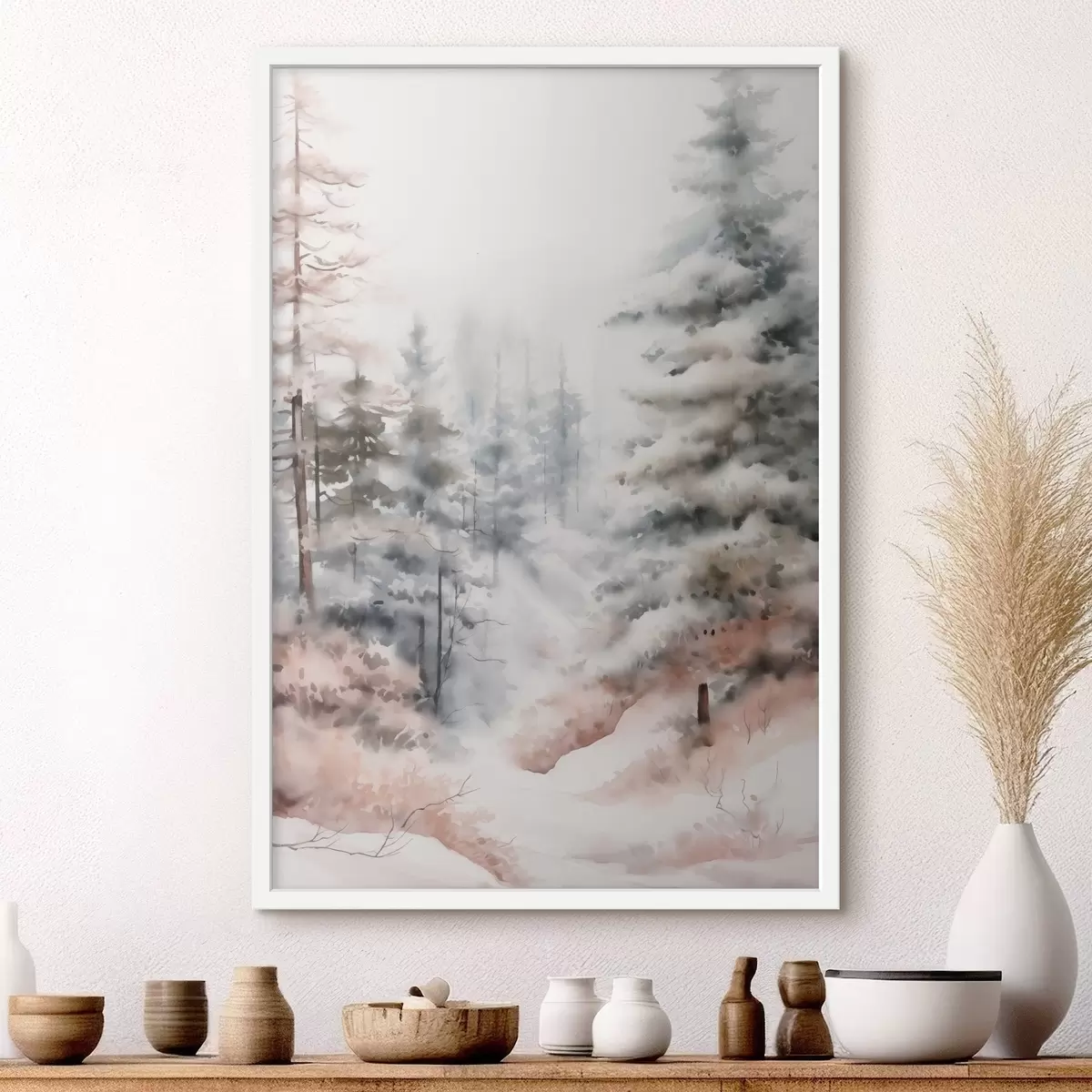 Poster Pini înalți acoperiți de zăpadă, în picioare într-o pădure încețoșată, o scenă de iarnă blândă și liniștită f46702