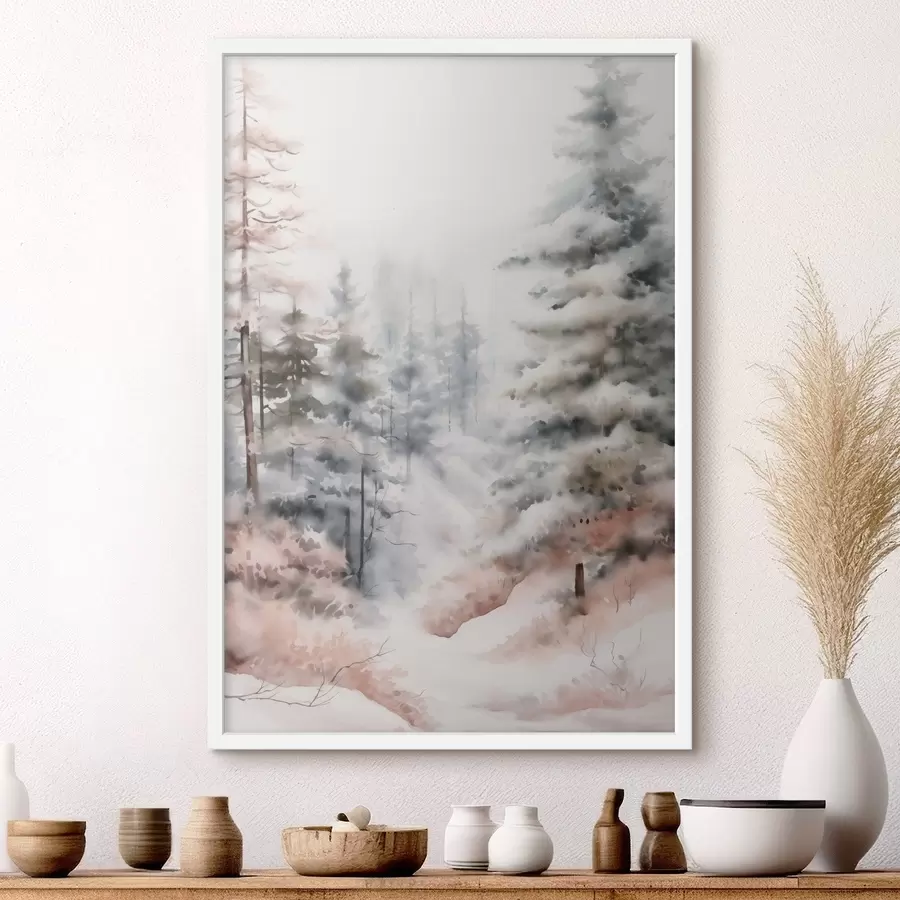 fototapet Pini înalți acoperiți de zăpadă, în picioare într-o pădure încețoșată, o scenă de iarnă blândă și liniștită f46702