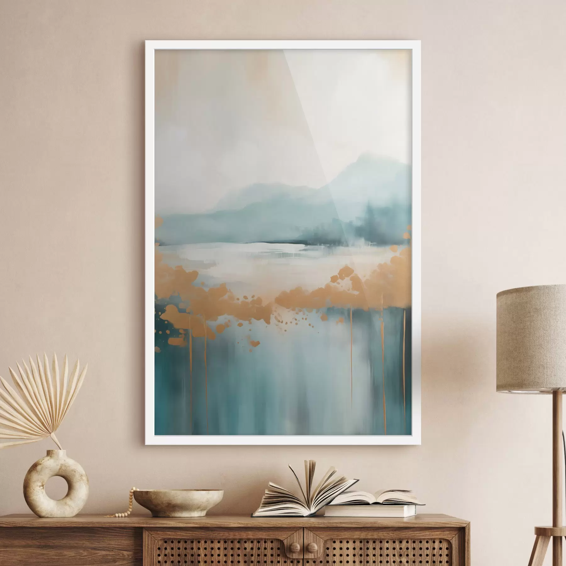 fototapet Peisaj abstract cu munți și lac în nuanțe de verde-albastru și galben texturat, pensule moi, operă de artă minimalistă f46703