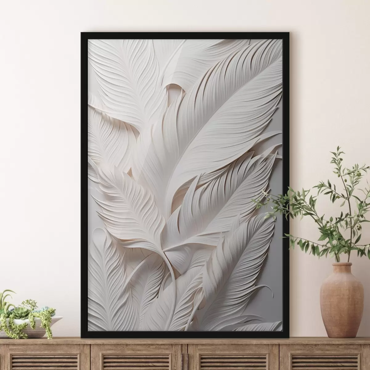 Poster Frunze albe cu detalii complexe, care creează un efect texturat și stratificat, artă minimalistă f46706