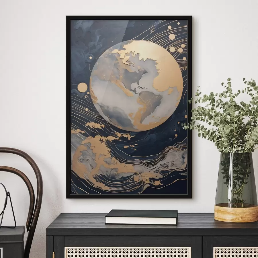 fototapet Planetă decorativă texturată cu linii galbene pe fundal, puncte galbene pe fundal, fundal întunecat f46708