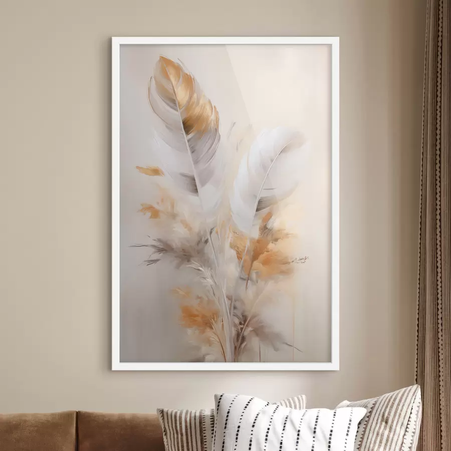 fototapet Pene abstracte, înconjurate de pene bej și maro, moi și delicate, pe un fundal bej deschis. f46711