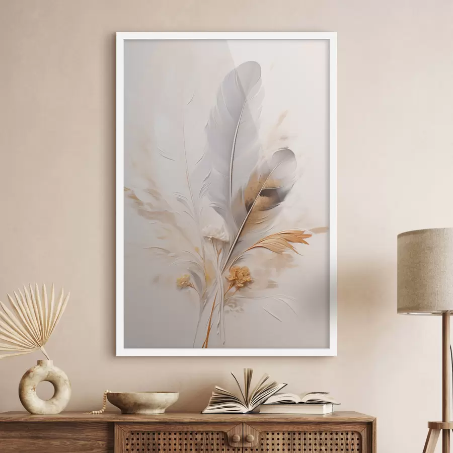 fototapet Pene abstracte, înconjurate de pene bej și maro, moi și delicate, pe un fundal bej deschis. f46712