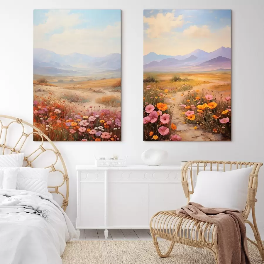 Tablouri Peisaj, un câmp cu flori colorate și munți în fundal, culori delicate și pastelate m01003