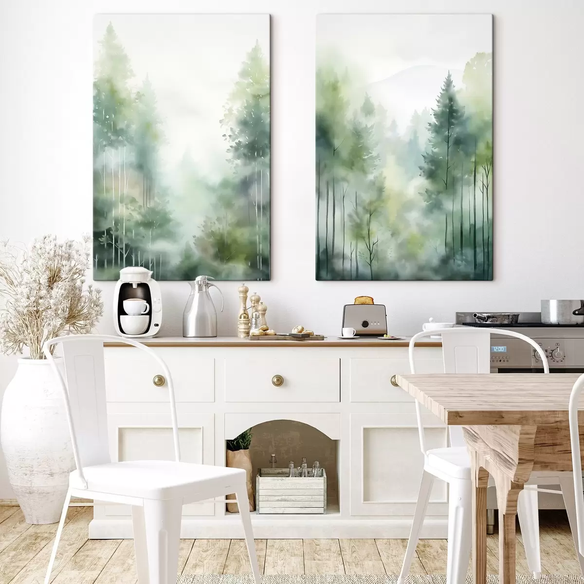 Tablouri Imitatie de pictura in acuarela reprezentand o padure abstracta cu copaci inalti si frunziș verde, culori delicate si discrete m01005