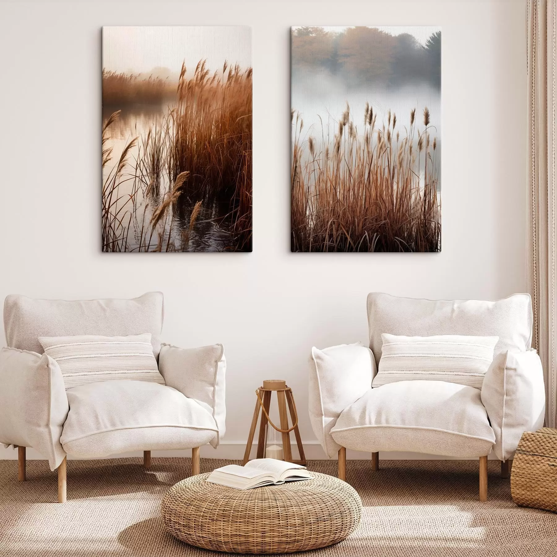 Tablouri Stuf înalt crescând într-un corp de apă, apa reflectă stuful, fundal cețos, lumină difuză, peisaj natural m01008