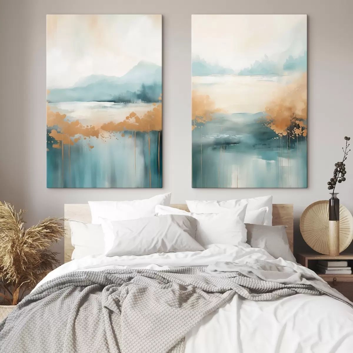 Tablouri Peisaj abstract cu munți și lac în nuanțe de verde-albastru și galben texturat, pensule moi, operă de artă minimalistă m01012