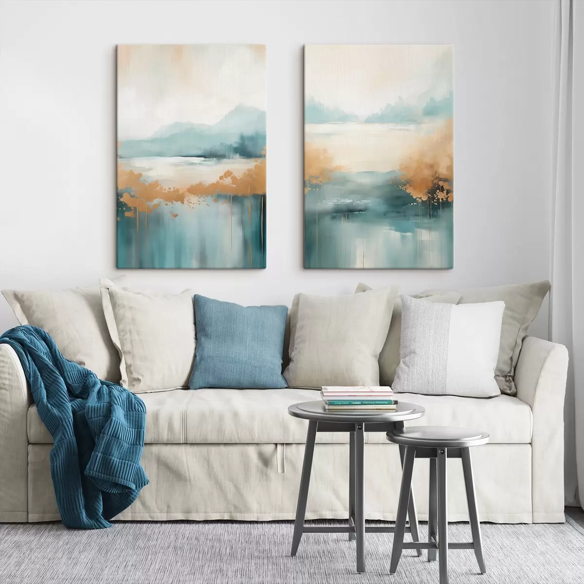 Tablouri Peisaj abstract cu munți și lac în nuanțe de verde-albastru și galben texturat, pensule moi, operă de artă minimalistă m01012