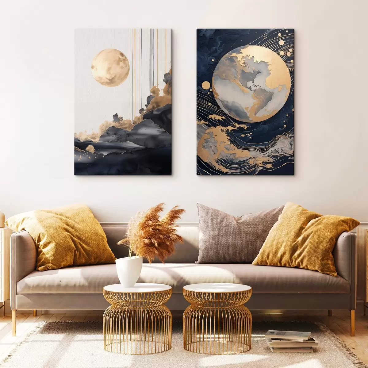 Tablouri Planetă decorativă texturată în spațiu, cu linii și puncte galbene, stil abstract, minimalist și modern m01014