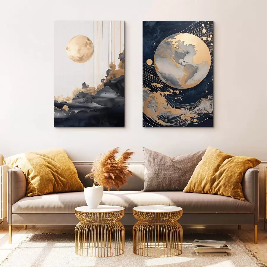 Tablouri Planetă decorativă texturată în spațiu, cu linii și puncte galbene, stil abstract, minimalist și modern m01014