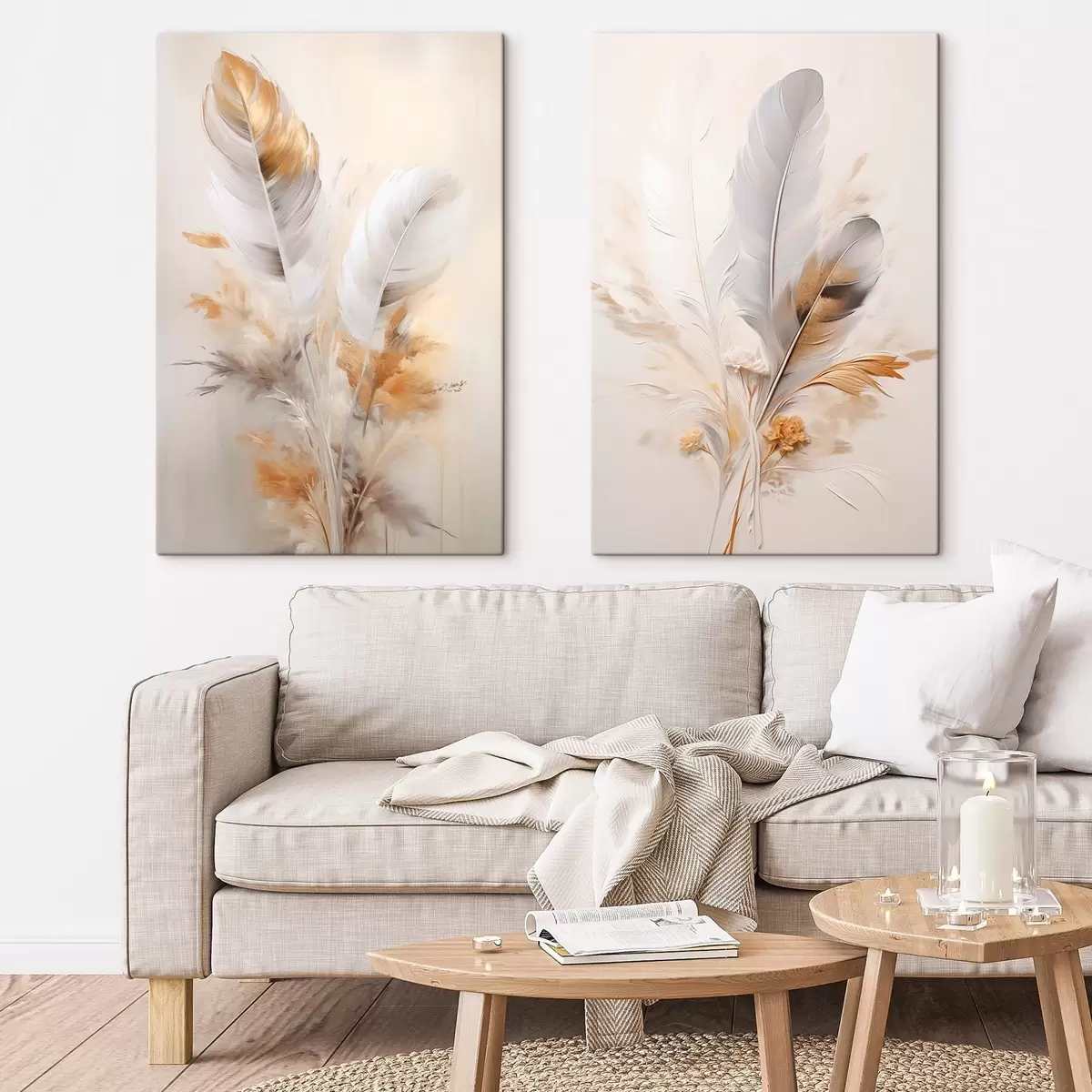 Tablouri Pene abstracte, înconjurate de pene bej și maro, moi și delicate, pe un fundal bej deschis. m01016