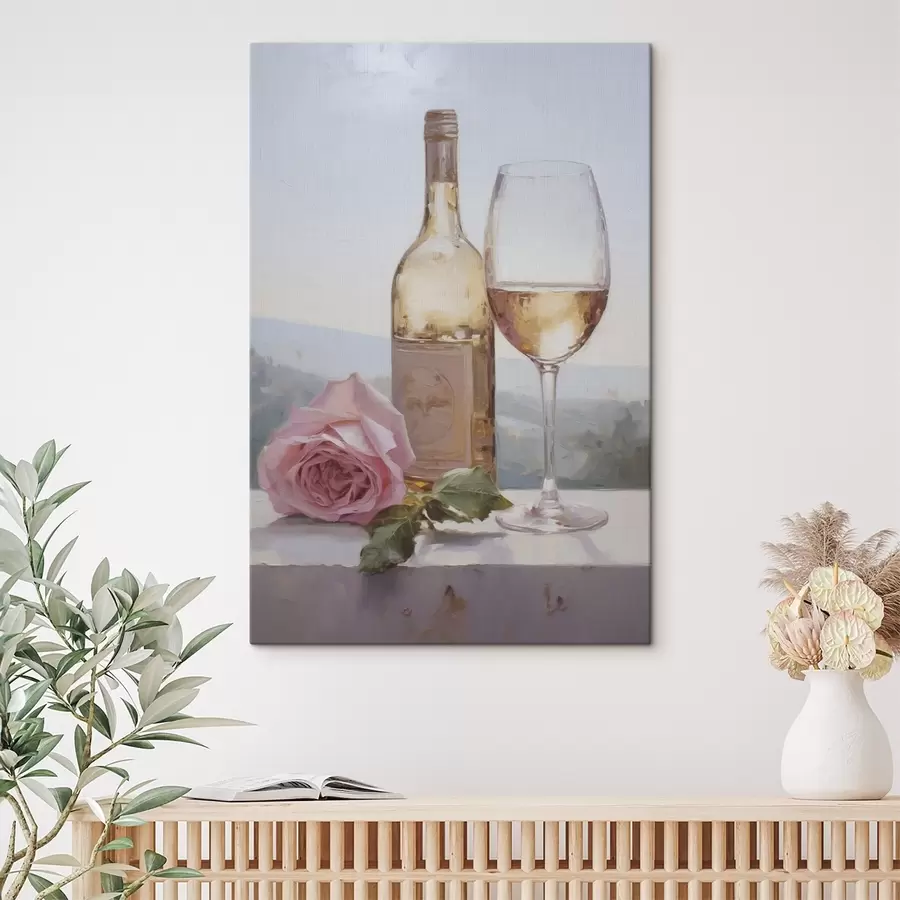 Tablouri O sticlă și un pahar de vin și un câine mic care poartă ochelari, pictură imitație s46721