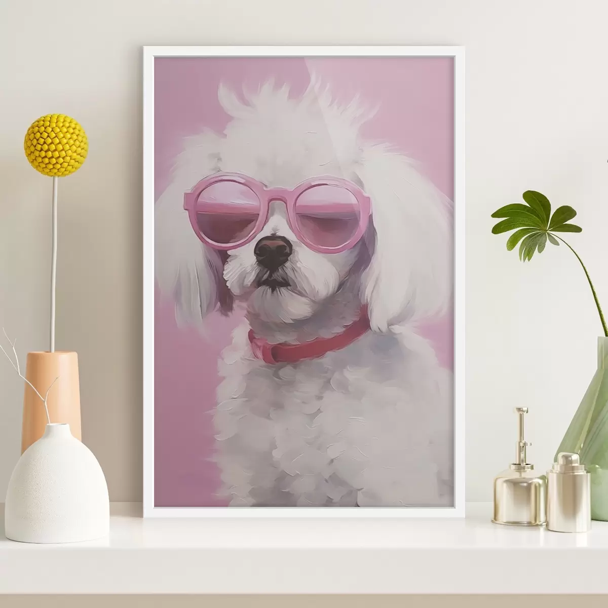 Poster Un câine mic care poartă ochelari este o imitație a picturii. f46722