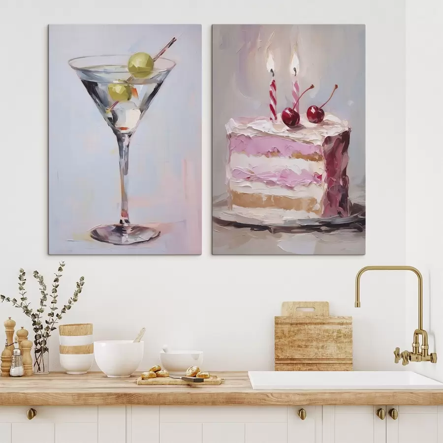 Tablouri Un pahar cu o băutură și o bucată de tort pictură imitație m01019