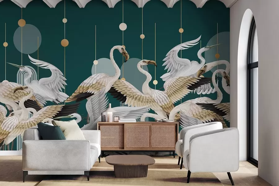 fototapet Un stol de flamingo albi cu aripi delicate, pe un fundal verde-albastru închis cu linii și cercuri galbene w09546