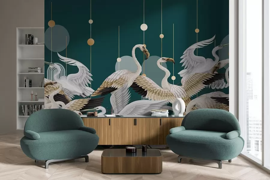 fototapet Un stol de flamingo albi cu aripi delicate, pe un fundal verde-albastru închis cu linii și cercuri galbene w09546