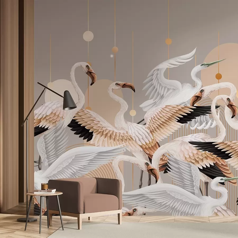 fototapet Un stol de flamingo albi cu aripi delicate, pe un fundal neutru cu linii și cercuri galbene w09546v1