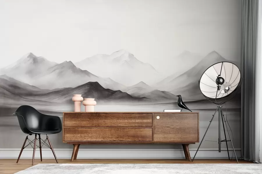 fototapet Un peisaj monocromatic texturat, cu munți încețoșați și un lac în prim-plan w09555