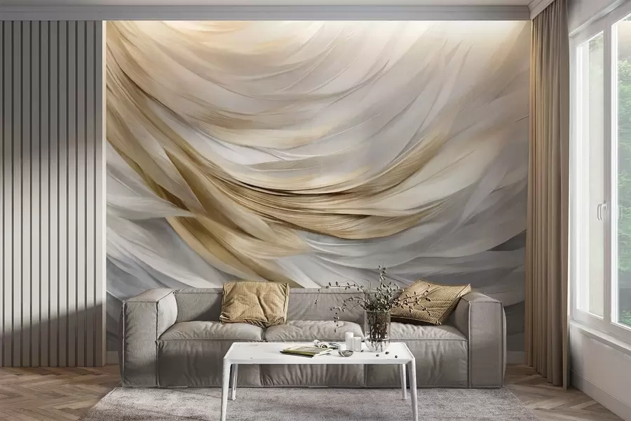 fototapet Pene abstracte texturate, albe, gri și galbene, creând un model fluid, stratificat, pe un fundal deschis w09557