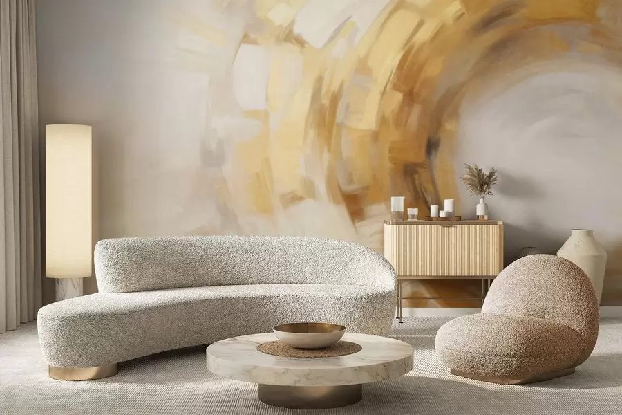 fototapet Imitare de pictură abstractă cu pensule circulare texturate în galben și alb, creând o senzație de mișcare w09558