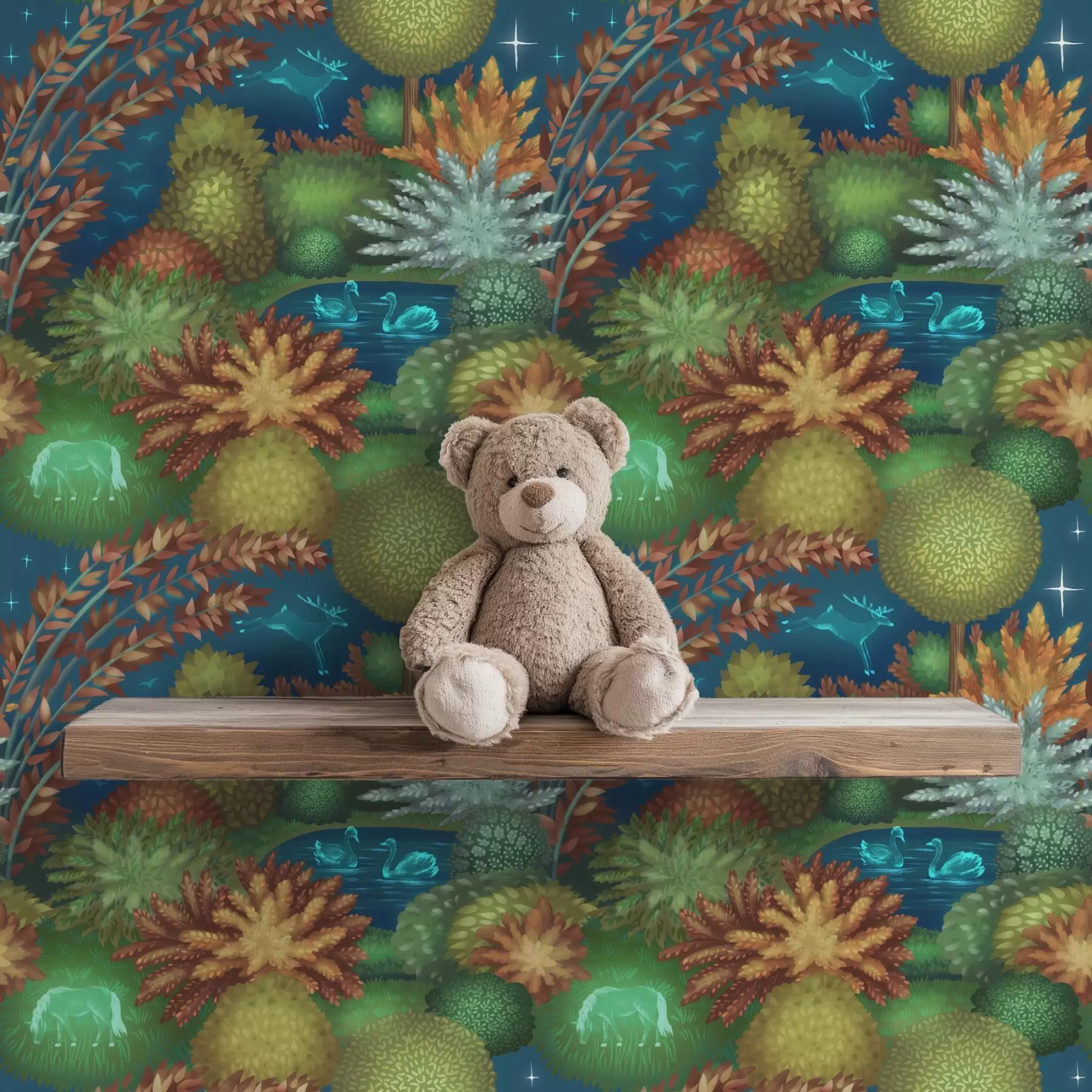 fototapet Grădină de basm nocturnă cu lac și animale strălucitoare a00851