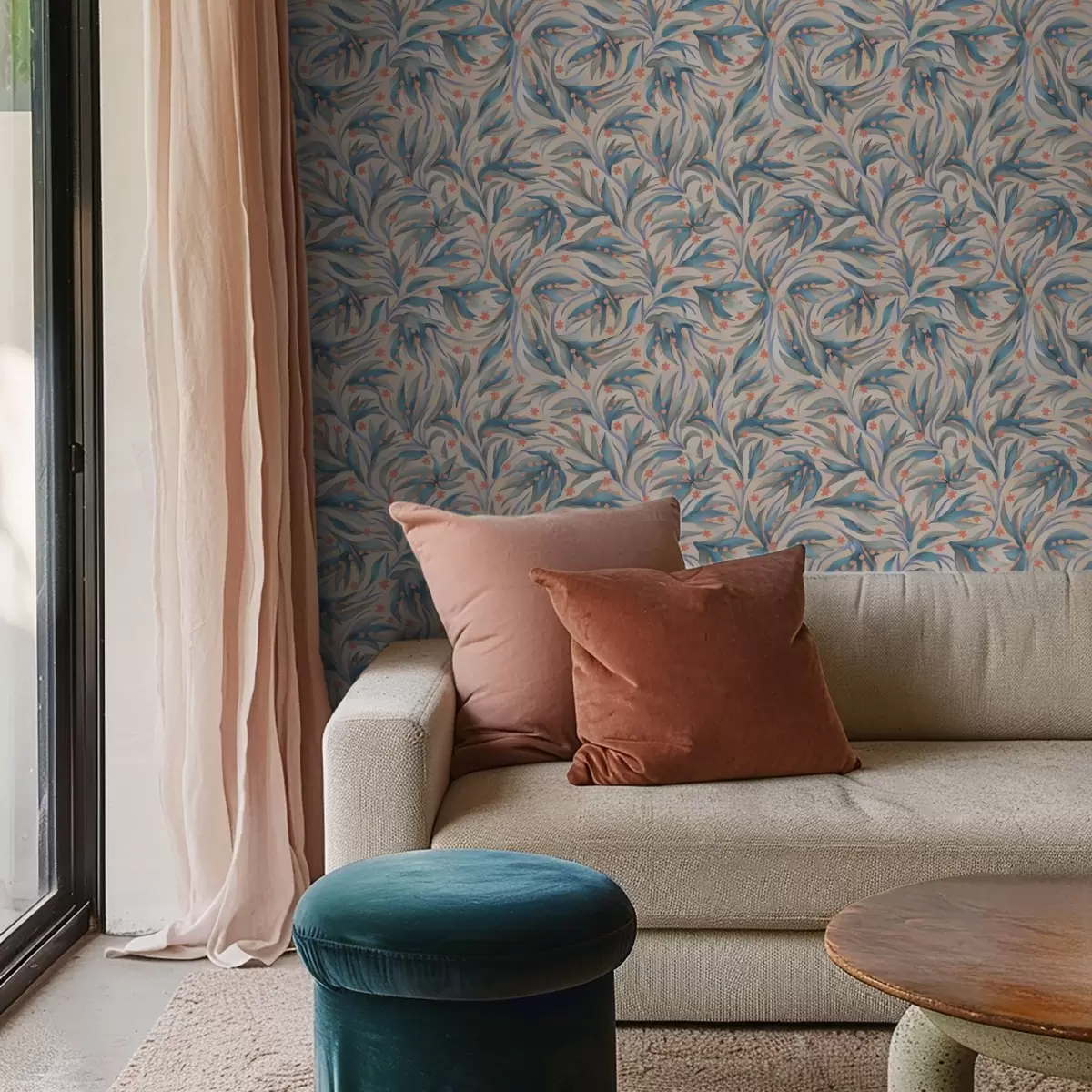 Wallpaper Frunziș albastru abstract cu flori de coral a00852