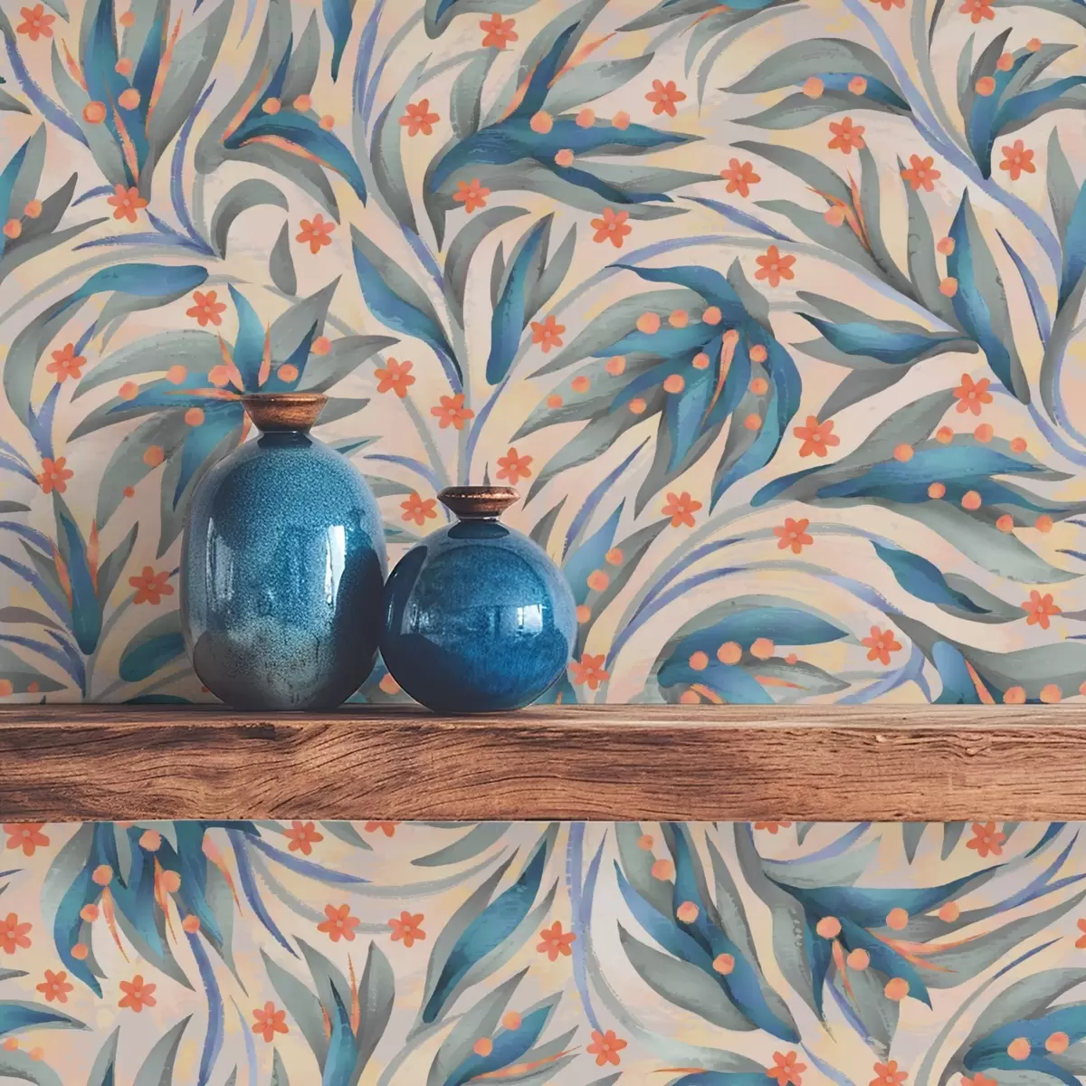 Wallpaper Frunziș albastru abstract cu flori de coral a00852