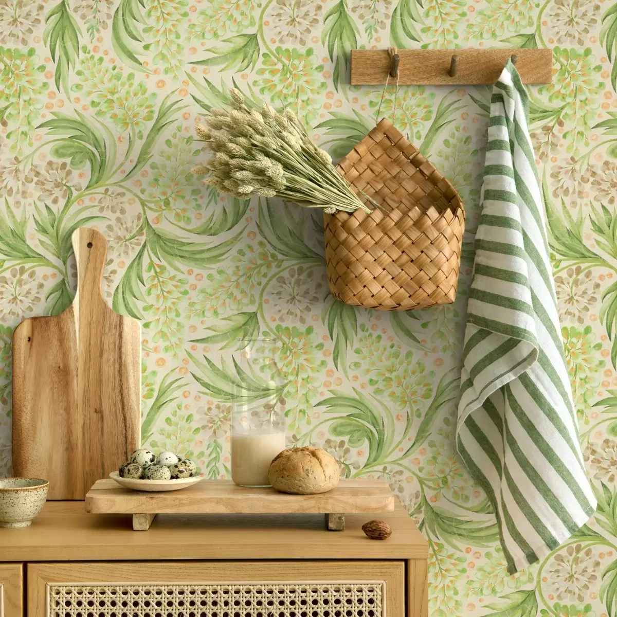 Wallpaper Model floral discret în nuanțe delicate de verde a00853