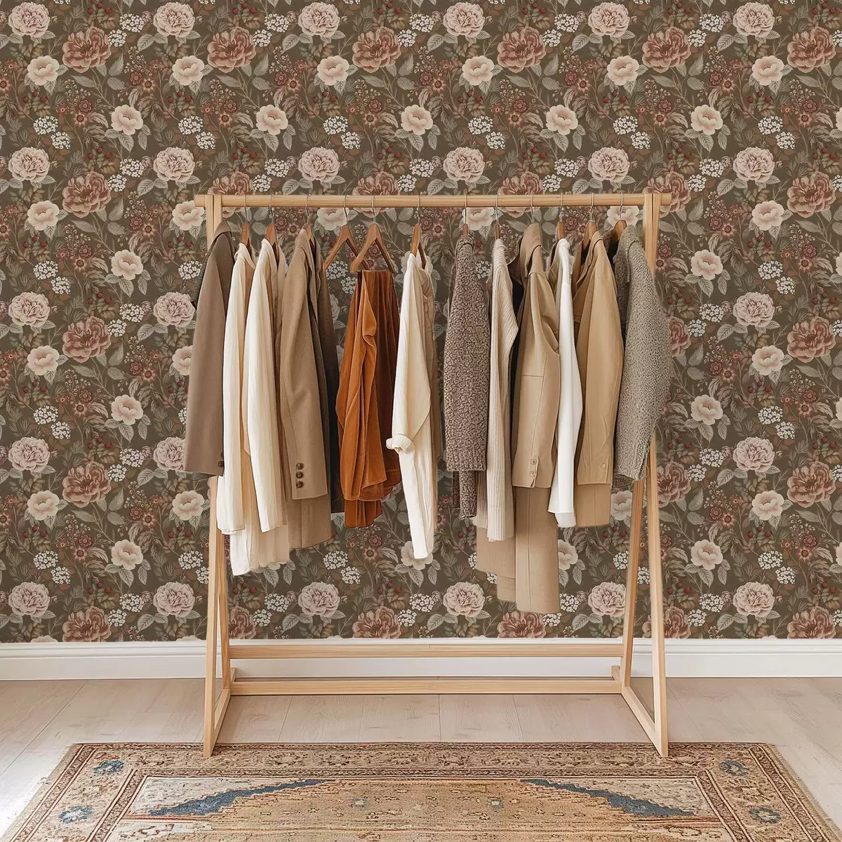 Wallpaper Trandafiri calzi și fructe de pădure pe fond maro a00868