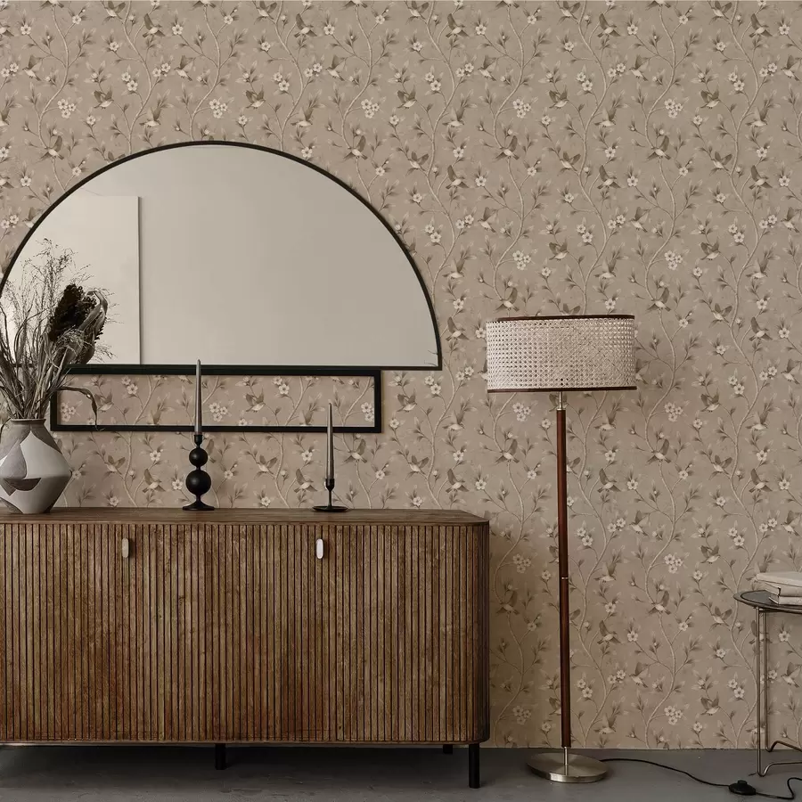 fototapet Păsări și ramuri înflorite în tonuri calde de sepia a00882