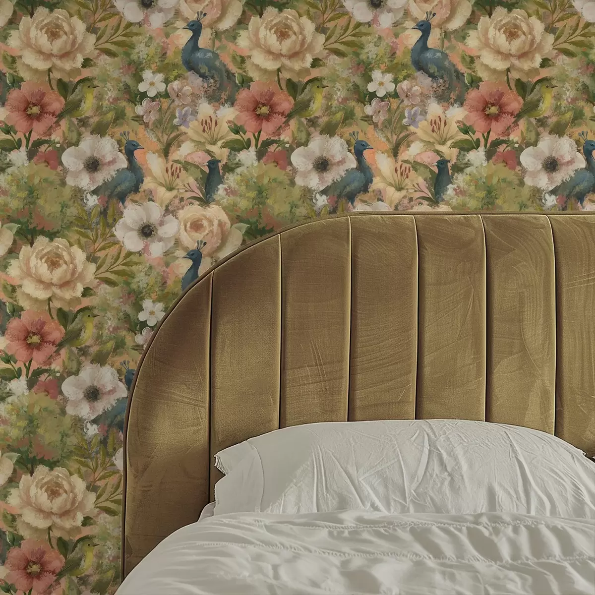 Wallpaper Grădină picturală cu păuni și flori mari a00885