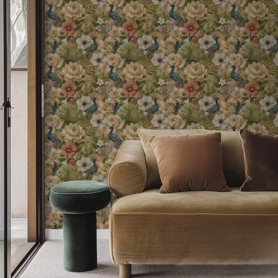 fototapet Grădină picturală cu păuni și flori mari a00885