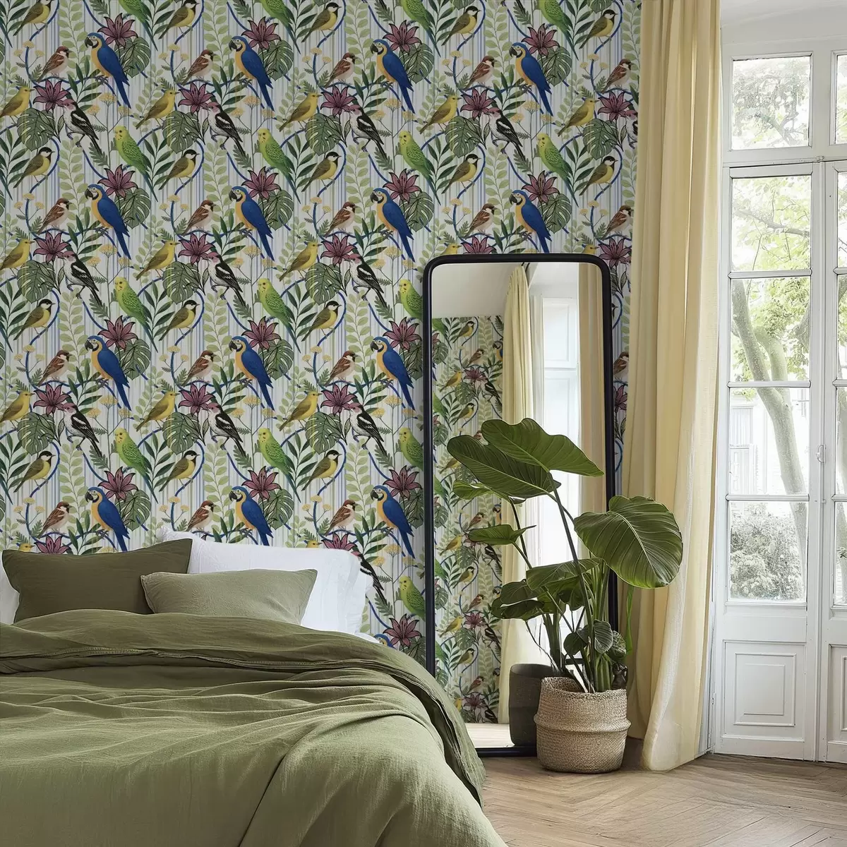 Wallpaper Păsări exotice strălucitoare printre vegetația tropicală a00887