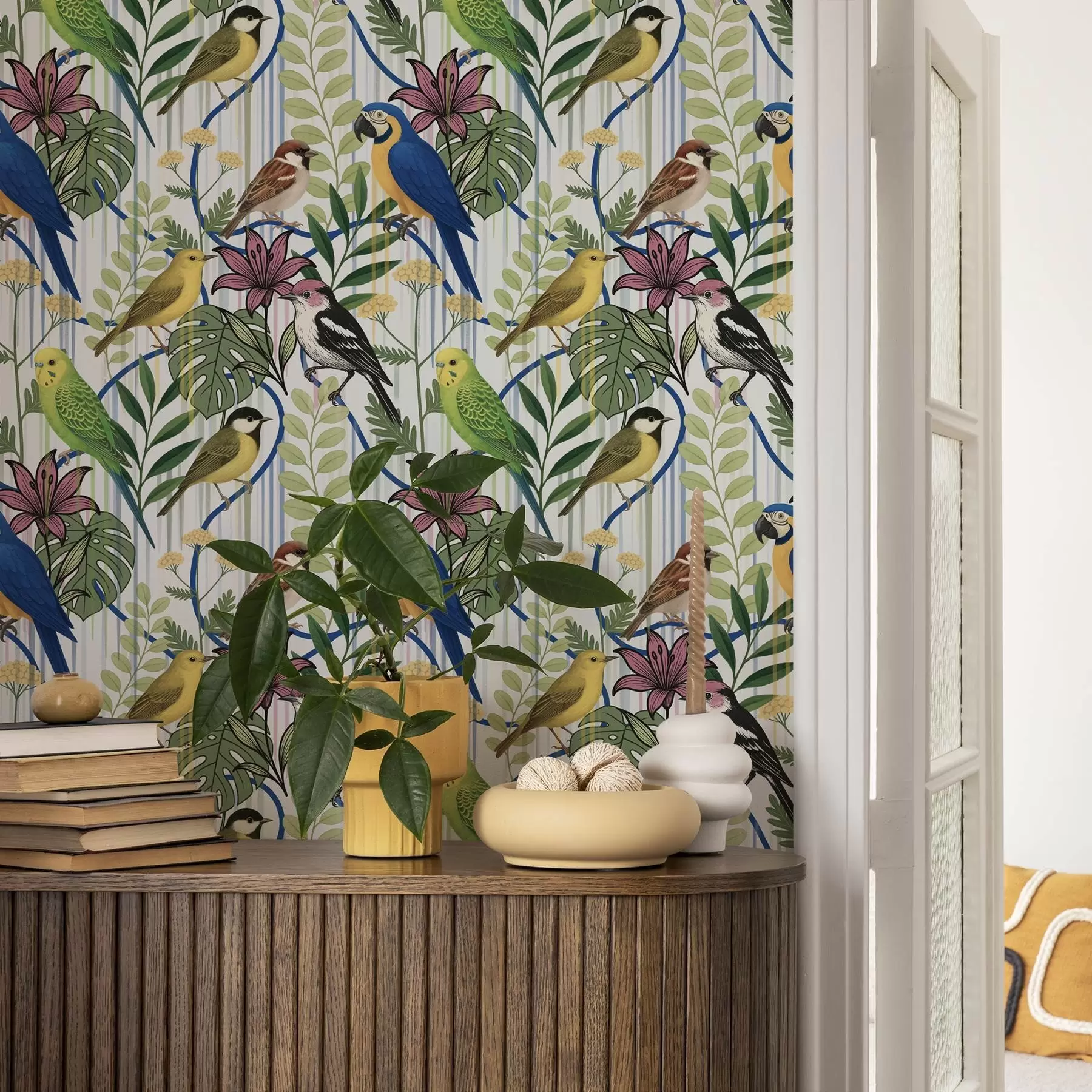 fototapet Păsări exotice strălucitoare printre vegetația tropicală a00887