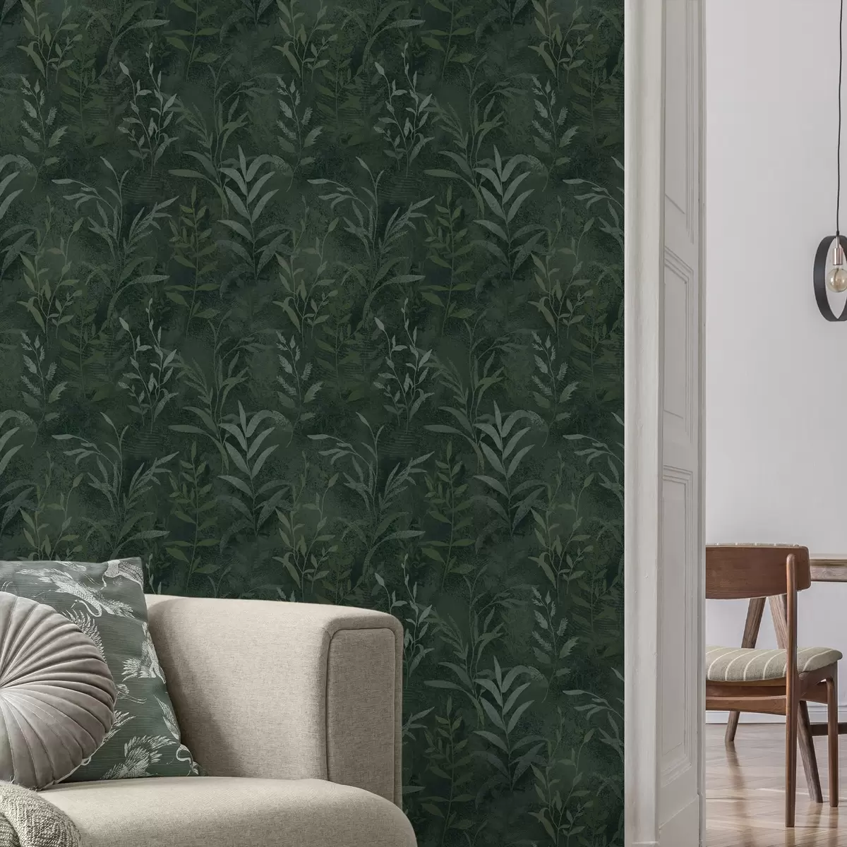 Wallpaper Fundal verde închis cu ramuri de frunze translucide a00888