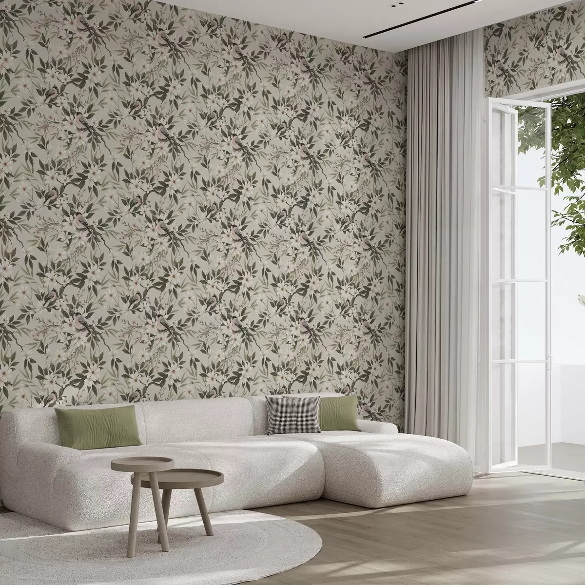 Wallpaper Cinte cu piept alb pe ramuri cu flori crem a00889